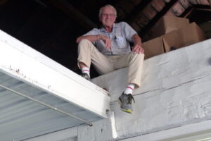 2018 July 17 Jim Bartkiw sits on top of the biggest swing beam in the book